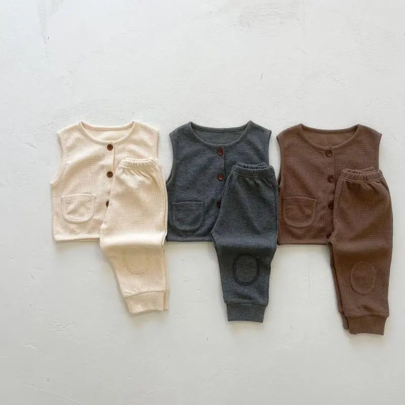 

Spring New Baby Girl Cotton Clothes Sets Infant Boys Sleeveless Vest Cardigan + Leggings Pants Suit Outfits Solid Kids 2pcs Set