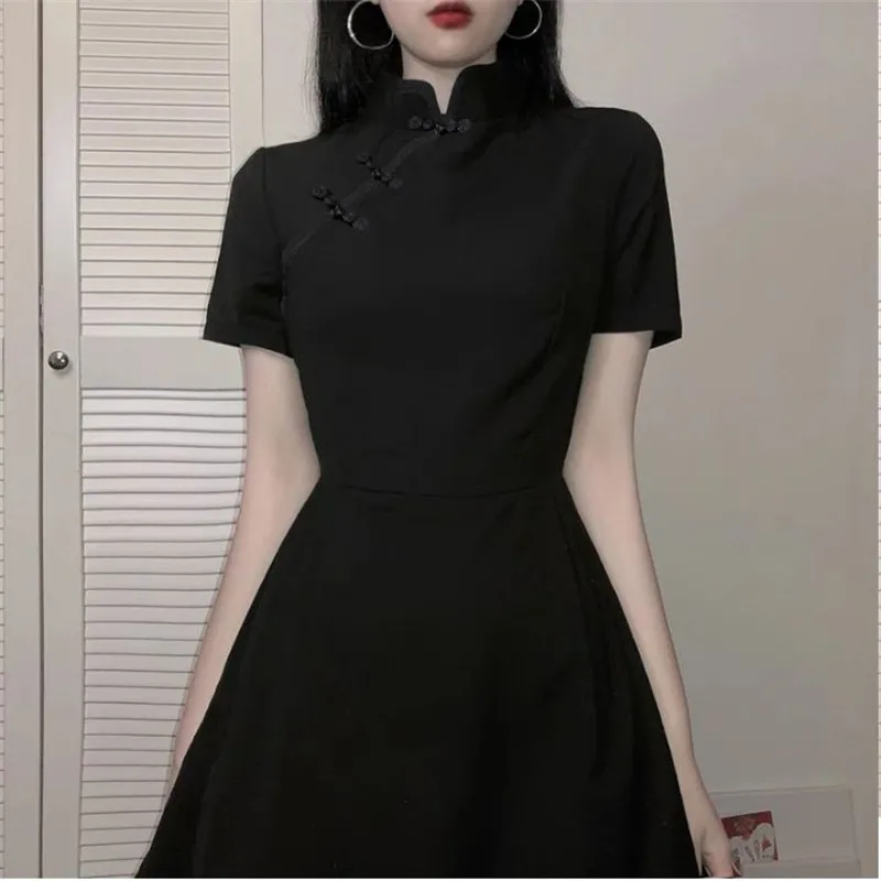 Японское винтажное готическое платье в стиле Харадзюку черное приталенное