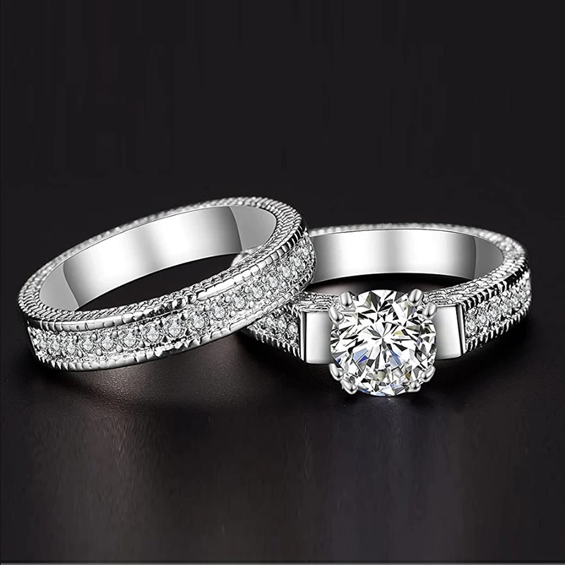 

2021 New Women's Ring 2-piece Set Classic Fashion Alloy Inlaid Zircon Couple Ring Jewelry Set Proposal Ring Gift