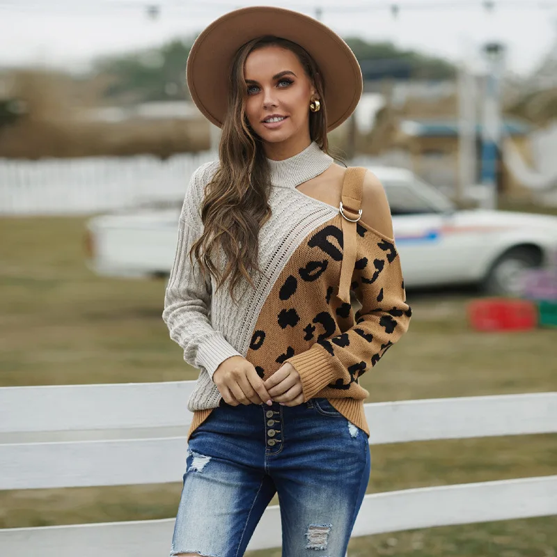 

Amazon New Single Side Shoulder High Collar Sweater Female European And American Cross-border Loose Long-sleeved Bottoming