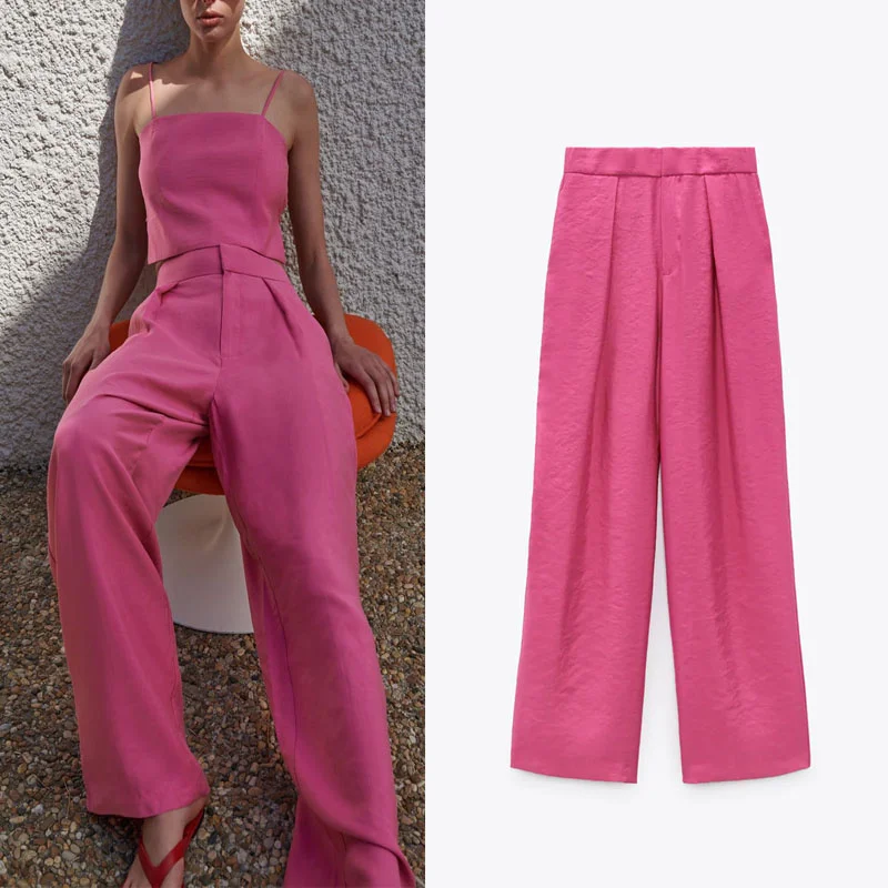 

2021 Summer Za Pants Women Rose Red High Waist Straight Leg Length Pants Casual Front Pleat Pocket Zip Button Loose Woman Pant