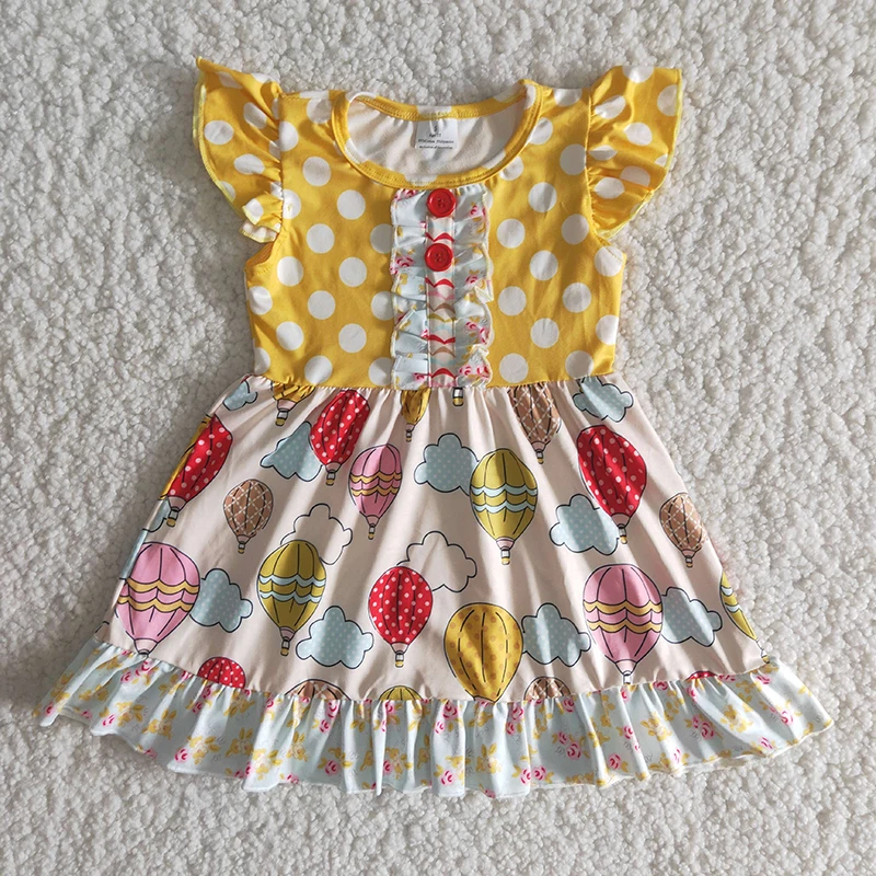 Wholesale Boutique Baby Girls Summer Clothes Short Sleeve Yellow Hot Air Balloon Dress Ruffe Children Fashion Hot Sale Clothes