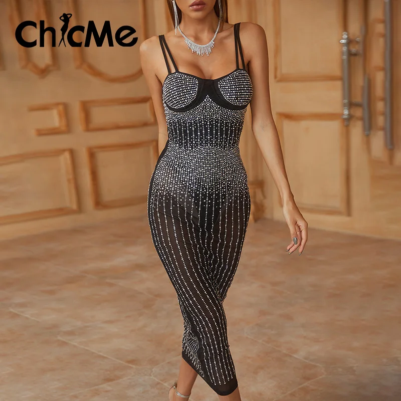 

Chicme Rhinestone Sheer Mesh Dress Sexy See Through Spaghetti Strap Bodycon Dress Backless Midi Skinny Cami Party Dress Vestidos