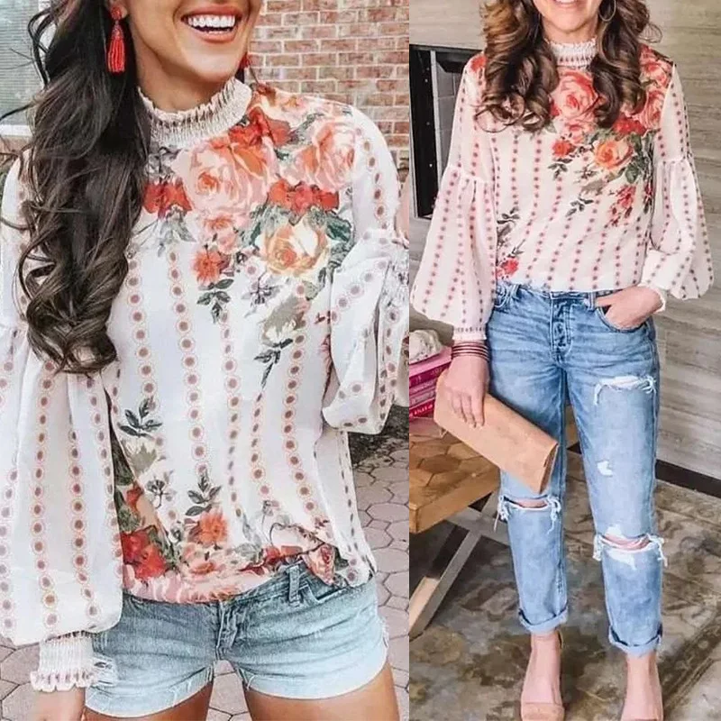 

Женская модная одежда, рубашка с высоким воротником и рукавами-фонариками, Топ с длинным рукавом, Женские топы и блузки с высоким воротником