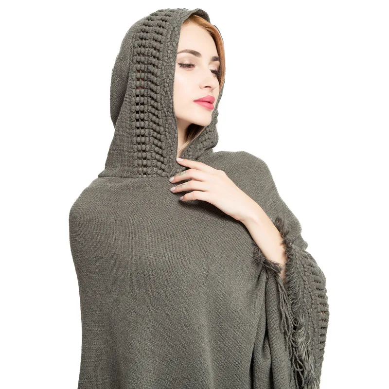 Bohemian Capes Ponchos with Hat Women Tassel Pullover Plus Size Knitted Sweater Cloak Elegant Shawl Autumn and Winter Scarf
