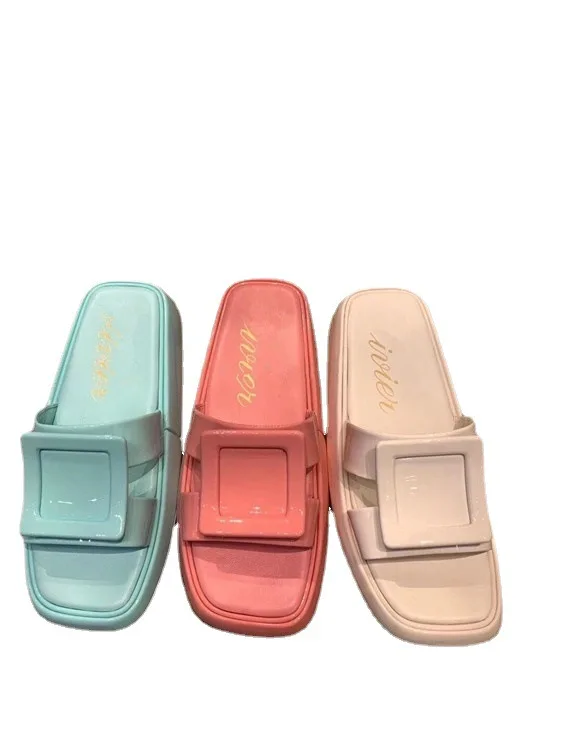 

Women's Rhinstone Slippers Summer Of 2021 The New Girls Shoes Diamond Square Buckle Shoes Flat Silk Candy Wear Sandals
