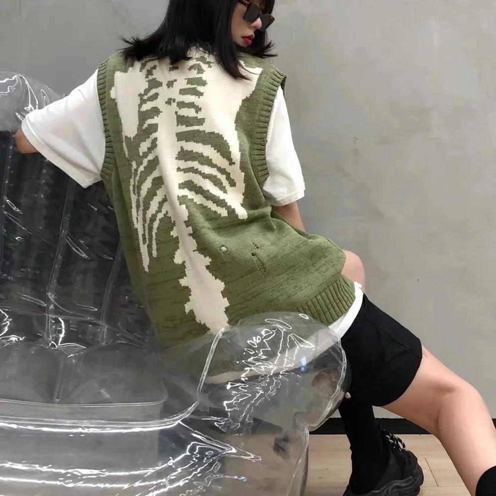 Mens Hip Hop Sweater Skeleton Bone Printing Oversized Woman High Quality Streetwear Damage Hole Vintage Punk 1:1Knitted Pullover | Мужская