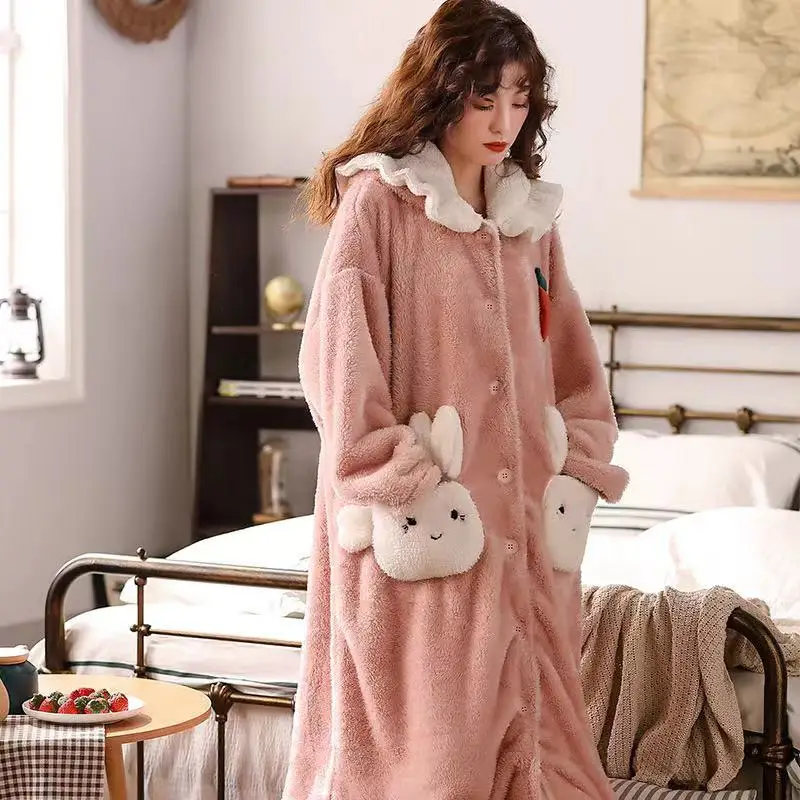 

Flannel Nightdress For Women Hooded Nightgown Bunny Ears Coral Velvet Thick Warm Oversize Homewear Clothes pyjama pour femme