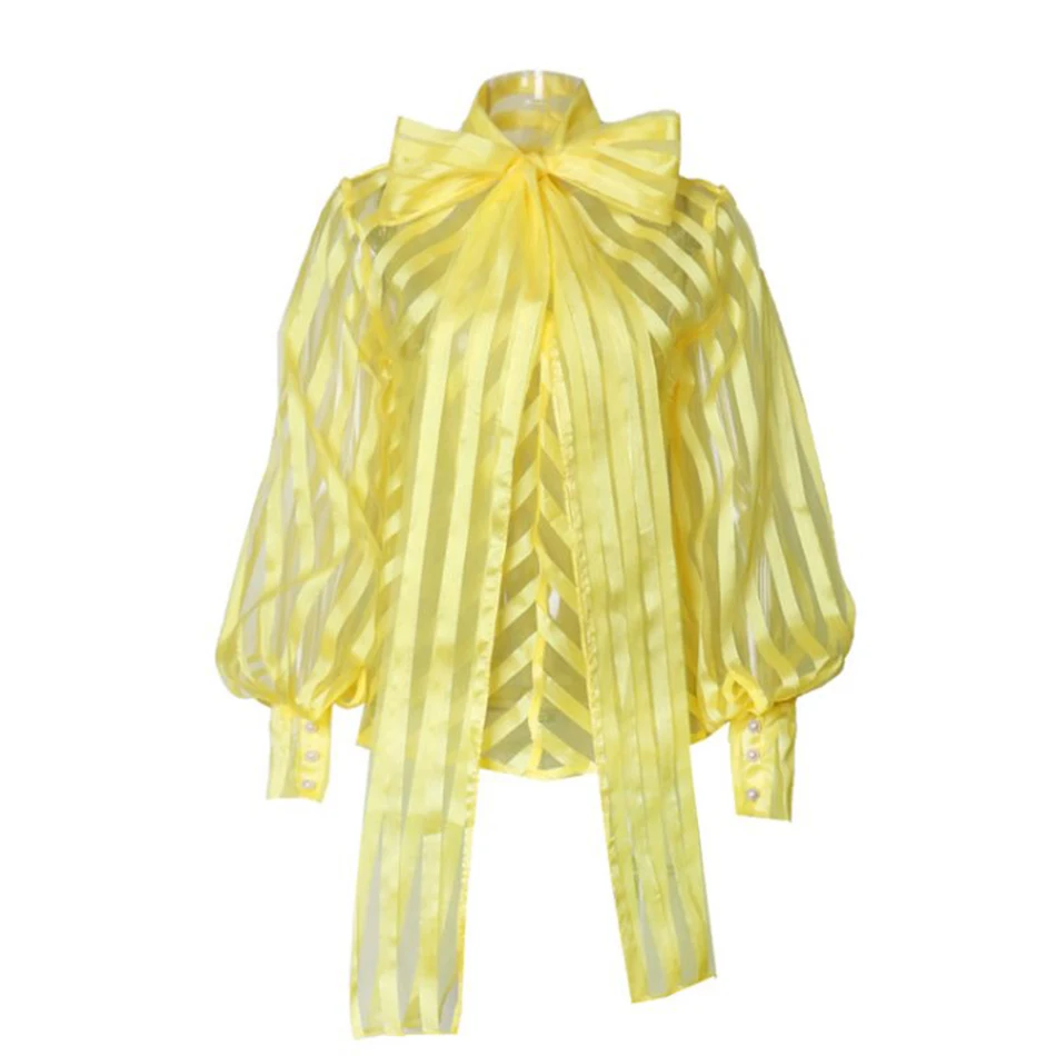 Female Bow Collar Lantern Long Sleeve Loose Lace Up Women's Shirts Sexy perspective streetwear Clothing 2021 New Fashion Tide | Женская