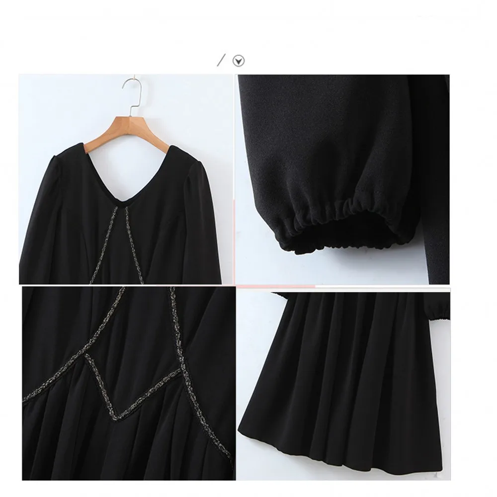 

Women's Solid Color Long-sleeved V-neck Stitching Pleated Fat MM Long Skirt Fashion Spring And Autumn Casual Long-sleeved Dress