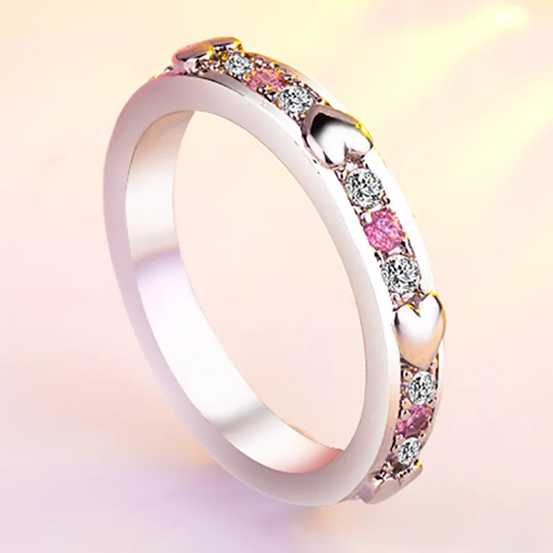 2/pc Romantic Heart Shape Crystal Engagement Wedding Ring for Women Pink/Red Gems Sets Ring for Anniversary Party Jewelry Gifts