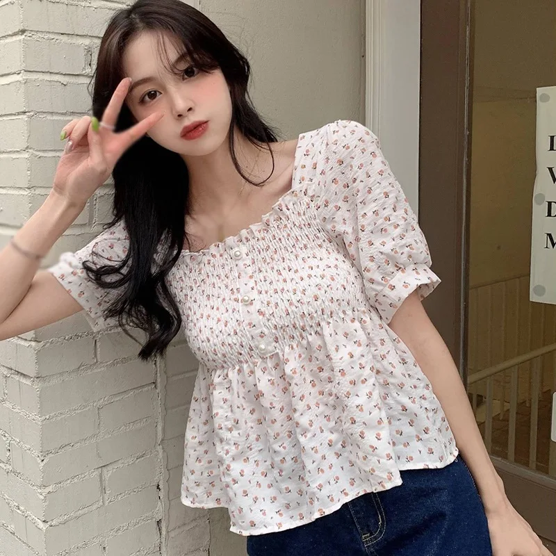 

Blouses for Women Floral Print Square Collar Sweet Chiffon Tops Summer Short Sleeve Shirts