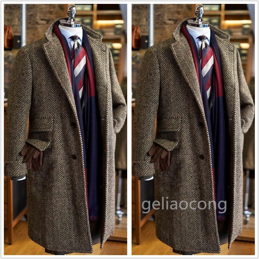 Brown Wool Herringbone Tweed Long Blazer Slim Fit Mens Suit Coat Custom Made Only Jacket Mens Dress Wedding Waistcoat