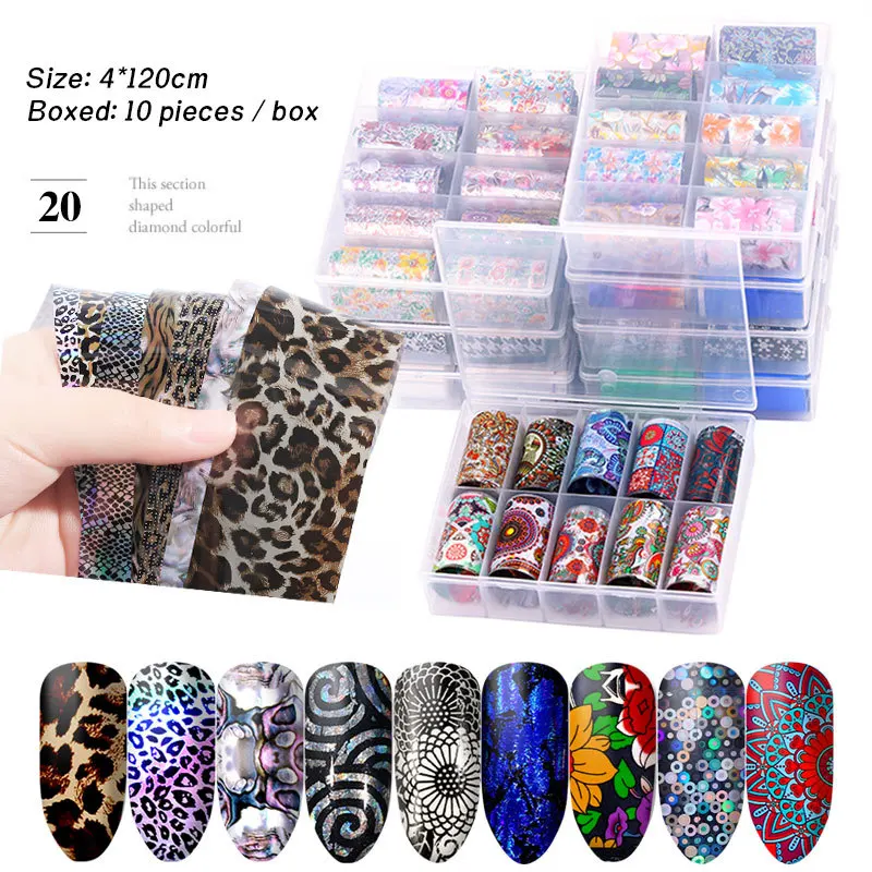 

10Pcs/Box Holographic Nail Art Transfer Foils Sticker 4*120cm Starry AB Paper Wraps Adhesive Decals Nails Decoration Accessories