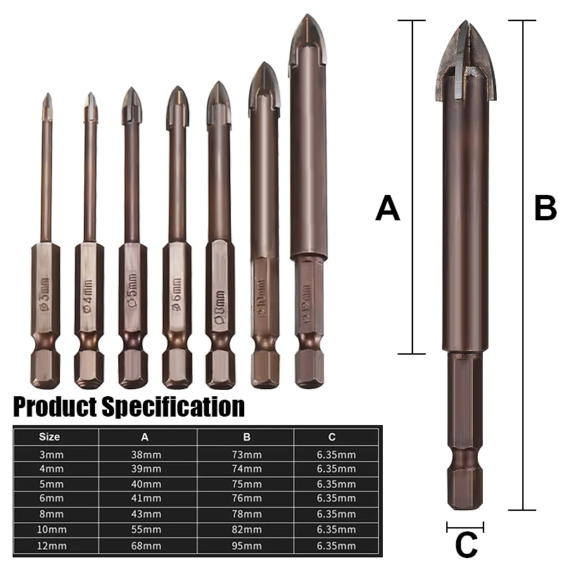 

Набор сверл из карбида вольфрама с 4 режущими кромками, комплект из 7 насадок 3-12 мм, для плитки и стекла