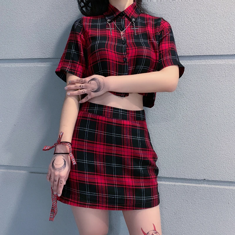Ruibbit Новый Harajuku клетчатый комплект из 2 предметов женская уличная Укороченная
