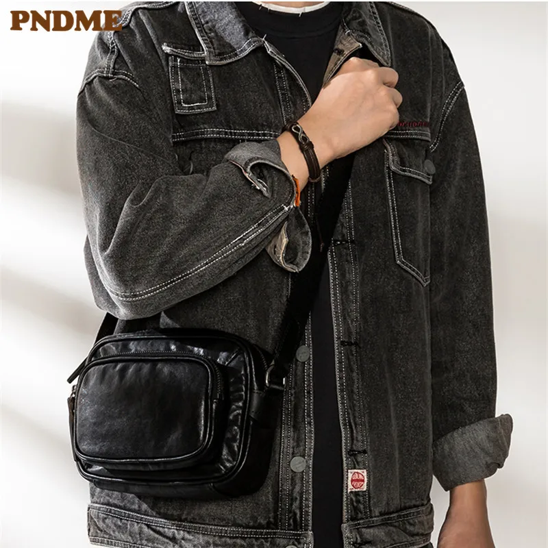 

Простая повседневная мужская черная сумка на плечо PNDME из натуральной кожи для улицы, для выходных и путешествий, рабочая сумка через плечо ...