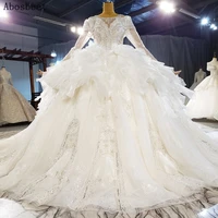 luxury beads top long sleeve wedding dress 2021 new ball gown robe mariee tiered style shining bridal gown lace up 150cm train