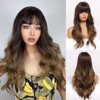 louis ferre honey brown ombre hair wig with bangs long wave synthetic wigs for whiteblack women daily party wigs heat resistant