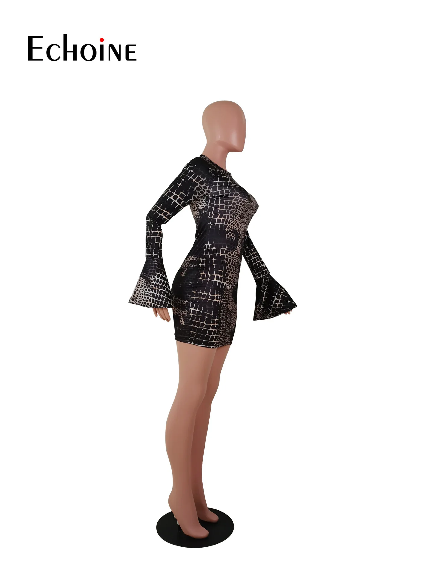 

Echoine 2021 long flare sleeve Serpentine print sexy mini dress spring autumn women fashion streetwear outfits party club wear