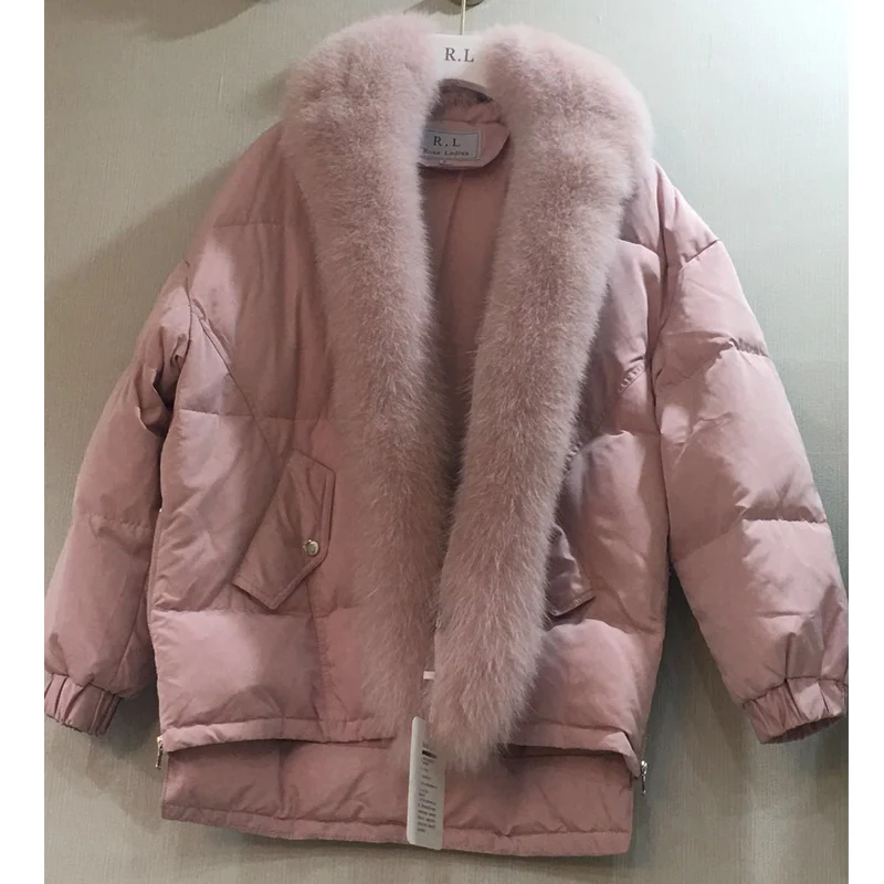 Большой натуральный Лисий мех куртка 2019 зима 90% белый пуховик Короткая свободная