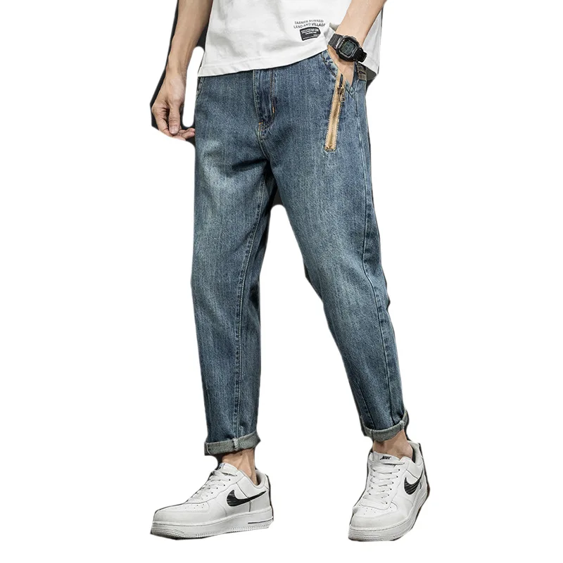 

Новинка Весна 2022, мужские джинсы, корейские трендовые Прямые повседневные шаровары на молнии, джинсовые брюки большого размера в стиле хип-...