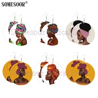 somesoor beauty of african art paints wooden drop earrings afro ethnic headwrap black woman designs wood dangle jewelry gifts