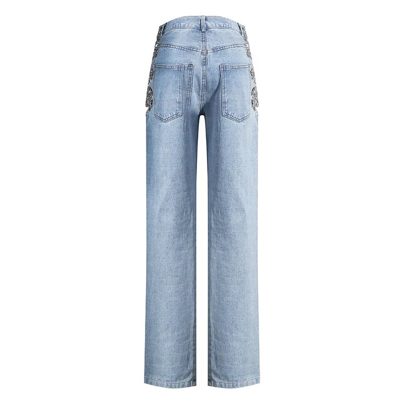 

[DEAT] Full Length Ligght Blue Side Chain Waist Hollow High Waist Jeans Double Pockets Button Fly Pants Women 2021 Spring GX836