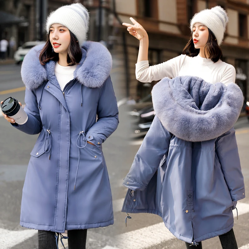 Женская парка хлопковая куртка 2019 однотонное пальто с мехом зимнее длинное