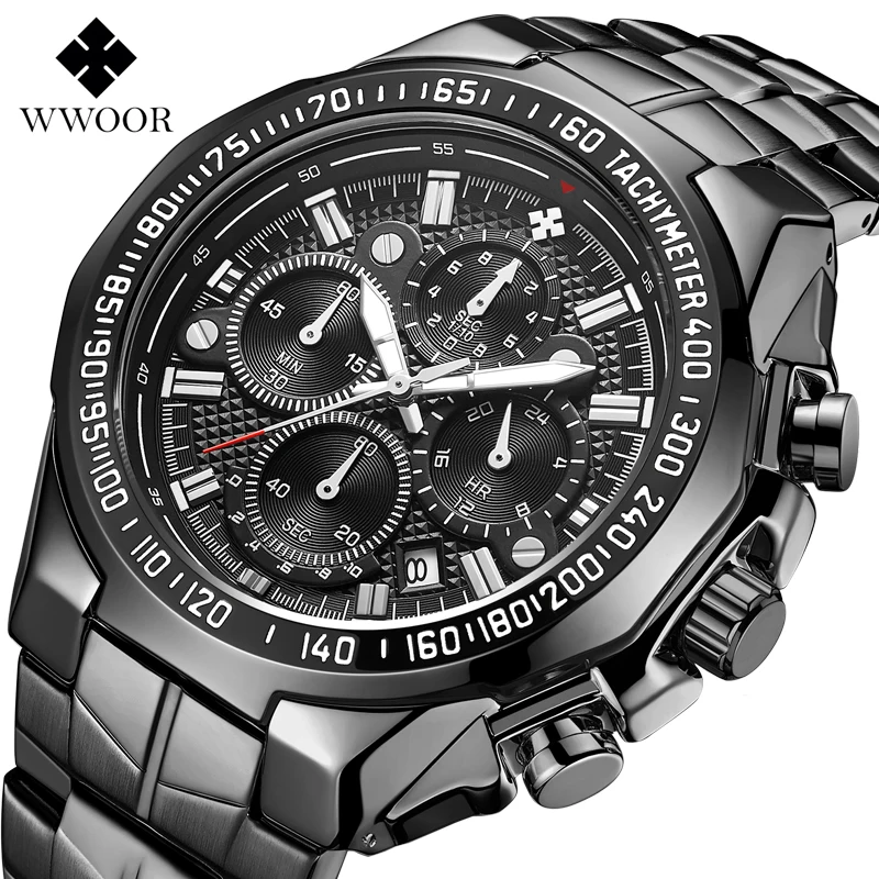 Relogio WWOOR Watch Men Top Brand Luxury Sport Quartz Watch For Men Chronograph Black Full Steel Male Wrist Watches Reloj Hombre