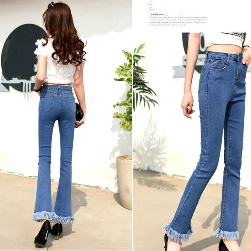 

Женские джинсы-клеш с бахромой Bell Bottom, эластичные облегающие брюки с завышенной талией, женские брюки, синие брюки