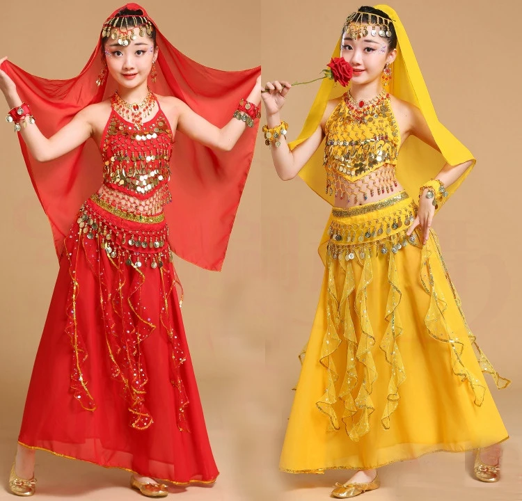 5pcs Kid Belly Dancing Costumes Set Top Shirt+Head Scarf +Bracelet+Waist Chain+Skirts Stage Performance Girls Outfits 4-10T | Детская