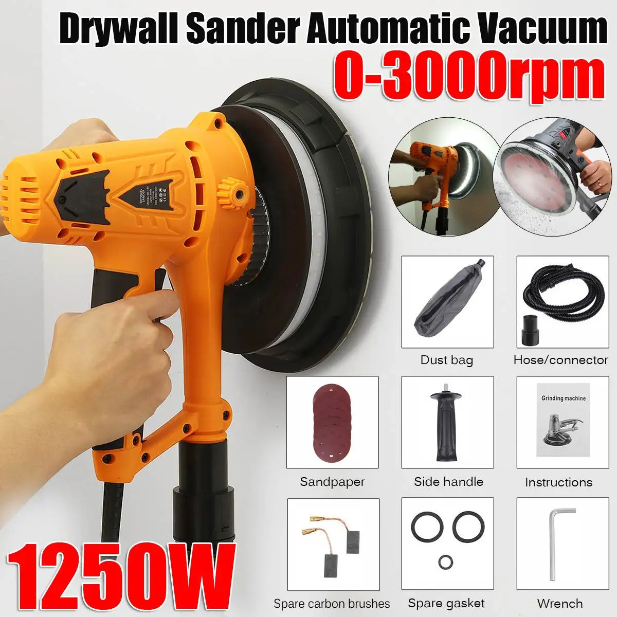 

1250W Drywall Sander with Dust Clooect Bag and LED Light Portable Wall Polishing Machine Grinding Wall Putty Polisher Machine