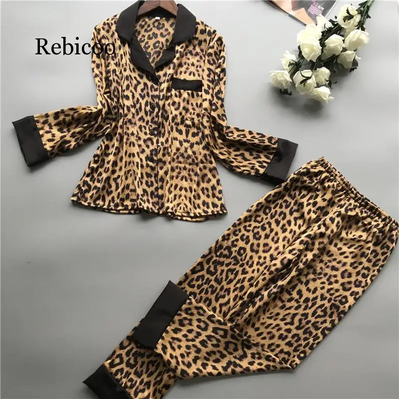 

Women Pajamas Leopard Pyjamas Women Spring Satin Pijamas Women Casual Elegant Pyjama Femme Silk Pijama Mujer Homewear