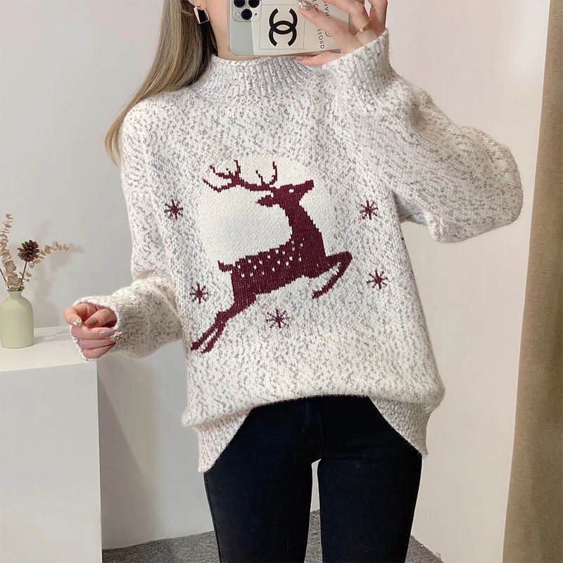 

Fashion Women Pullover Christmas Sweater Elk Print Knitted Sweaters Winter Female Jumpers
