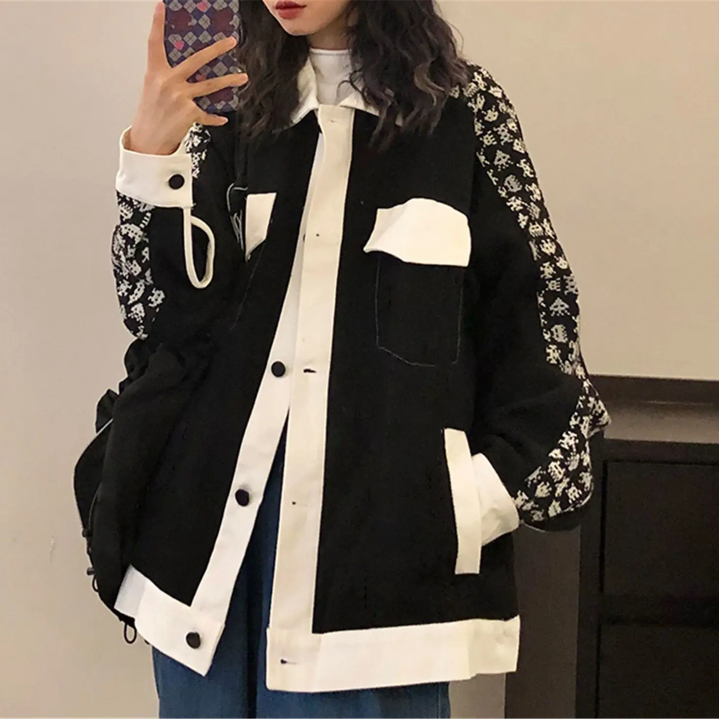 

Autumn New Korean Style Hong Kong style Contrast Jacket Female Student