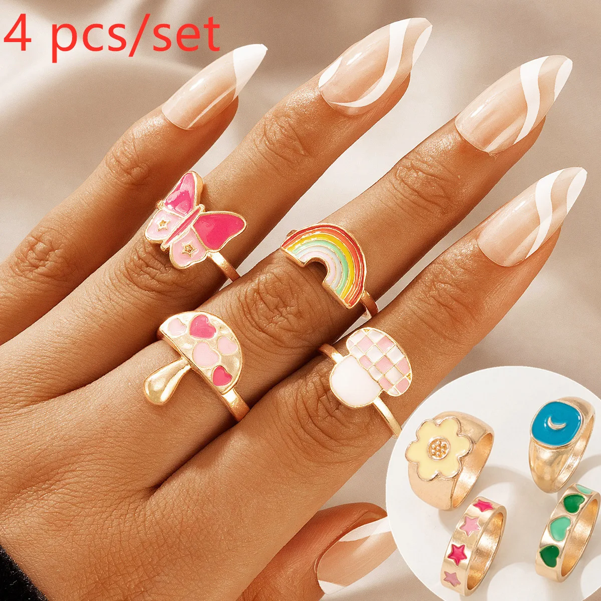 

2021 New Wedding Bands European and American Fashion Simple Style Cartoon Ring 4-piece/Set Ring Mushroom Rainbow Love Pink
