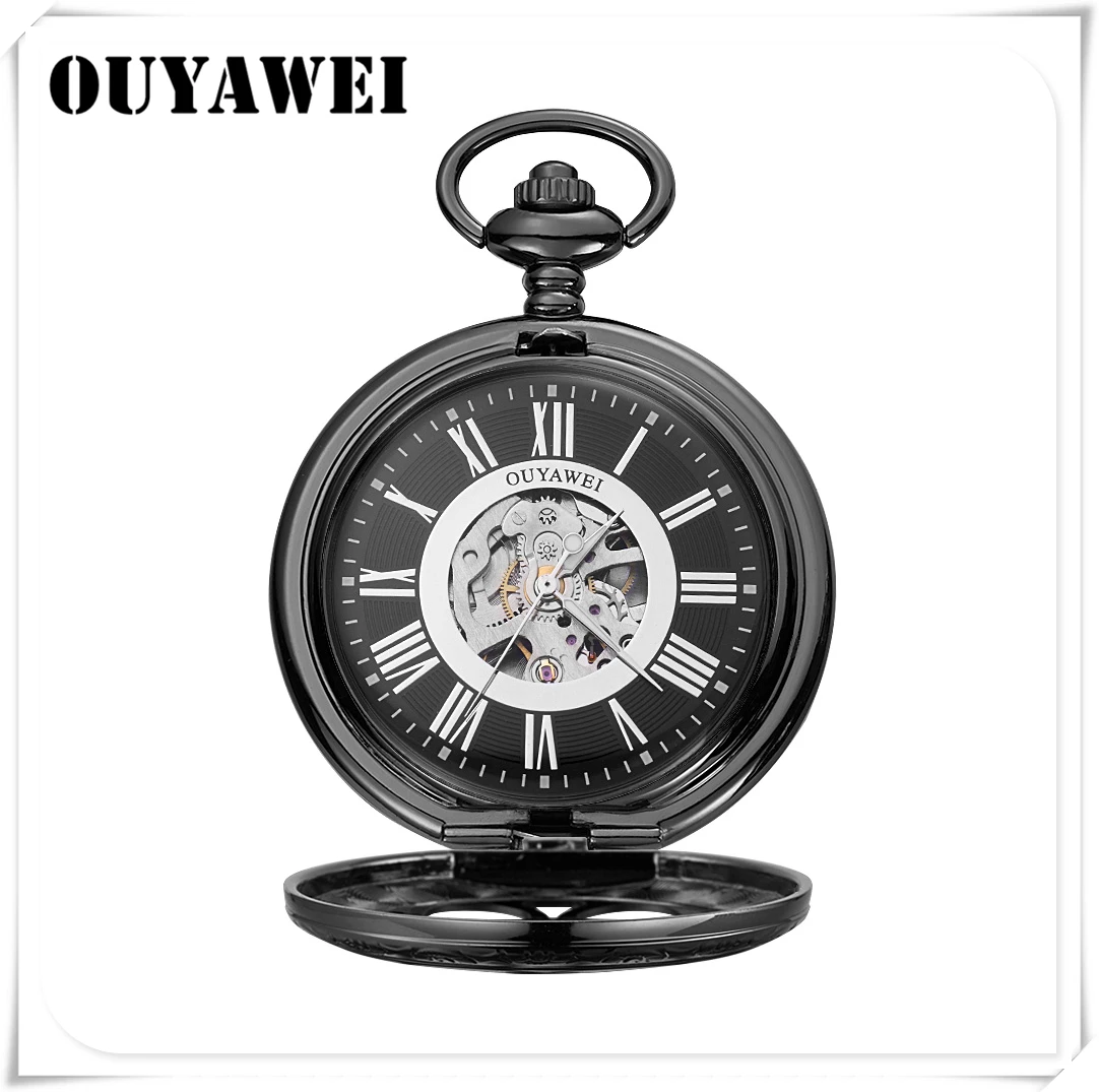 

OUYAWEI Black Roman Numerals Mechanical Pocket Watch Hollow Case Steampunk Pocket Watches Chain Necklace Pendant for Men Women