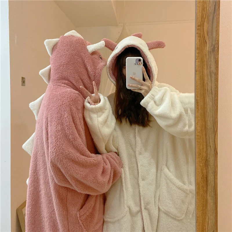 Autumn Winter Women Sweet Warm Lounge Pyjamas Female Cute Pajamas Cartoon Ears Hooded Sleepwear Coral Fleece Lady Home Clothes
