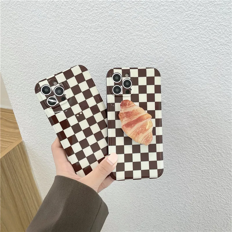 

INS Korean Lattice Lovely Croissant Bracket phone Case For iphone 7 8 Puls X XR XS 11 12 pro Max soft Clear Shockproof Cover