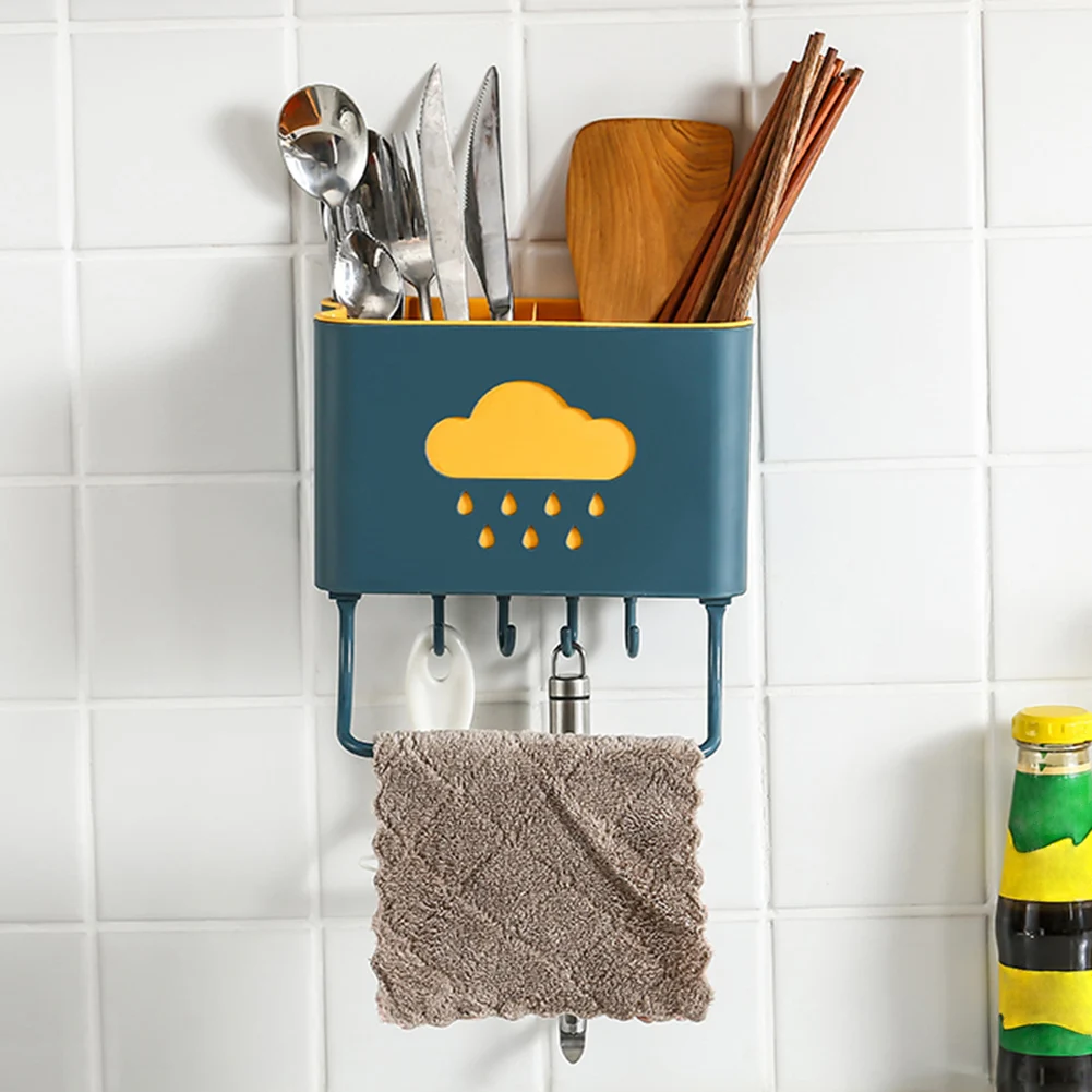 

Wall-Mounted Chopsticks Holder Kitchen Organizer Rack With 4 Hooks And Towel Hanger