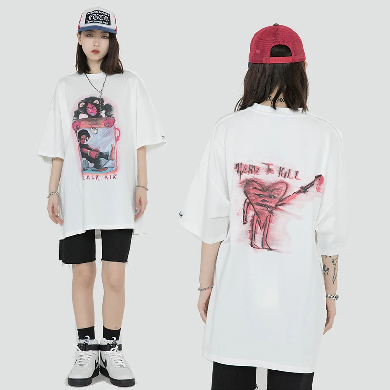 

Hip Hop Graffiti Cotton Short Sleeve Couple Tshirts Oversize Round Neck Harajuku Retro Summer T Shirt Loose Casual Tops