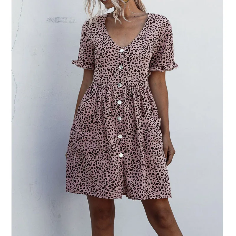 

Summer Dress Button Short Sleeve V Neck Women Beach Casual Boho Girls Pocket Polka Dot Floral Print Mini Dresses 2021 New