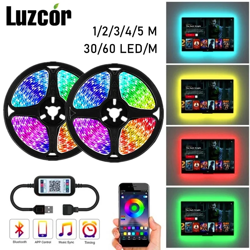 

Светодиодная лента RGB с Bluetooth-управлением, гибкая USB-лампа с диодами для украшения комнаты, компьютера, телевизора, рабочего стола, Luz, 1/2/3/4/5 м