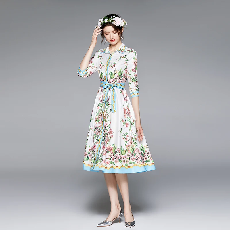 

White Dresses for Women Maxi Club Polyester Office Lady Printing Turn-down Collar Summer 2021 Plus Size Print Empire ELEGANT