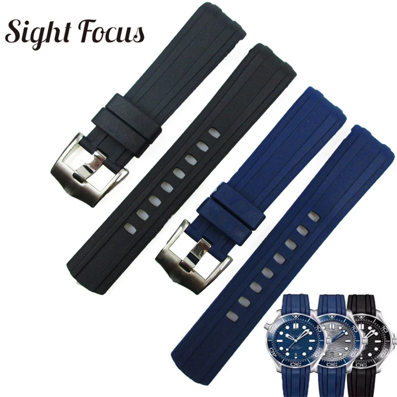 

20mm Curved End Rubber Watch Strap for Omega Seamaster 300m Waterproof Diver Commander 007 Black Blue Watchbands Belt Bracelets