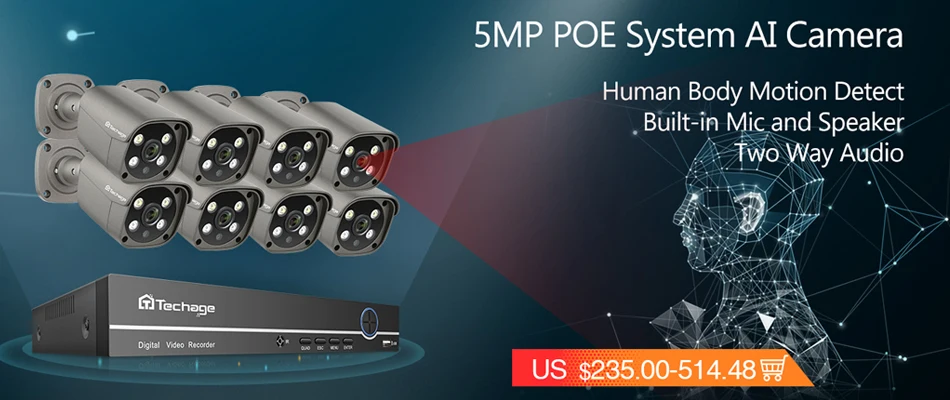 Techage H.265 5MP FULL HD безопасность POE IP камера двухсторонняя аудио новая AI камера IR-CUT наружного видеонаблюдения для ONVIF NVR