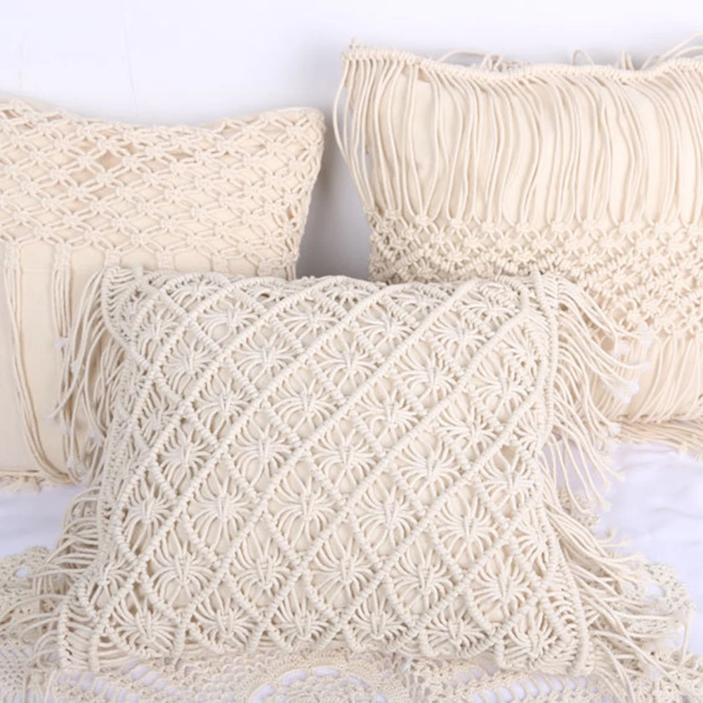 

Cushion Covers 100% Cotton Linen Macrame Hand-woven Thread Pillow Covers Geometry Bohemia Style Pillowcase Home Decor 45*45cm