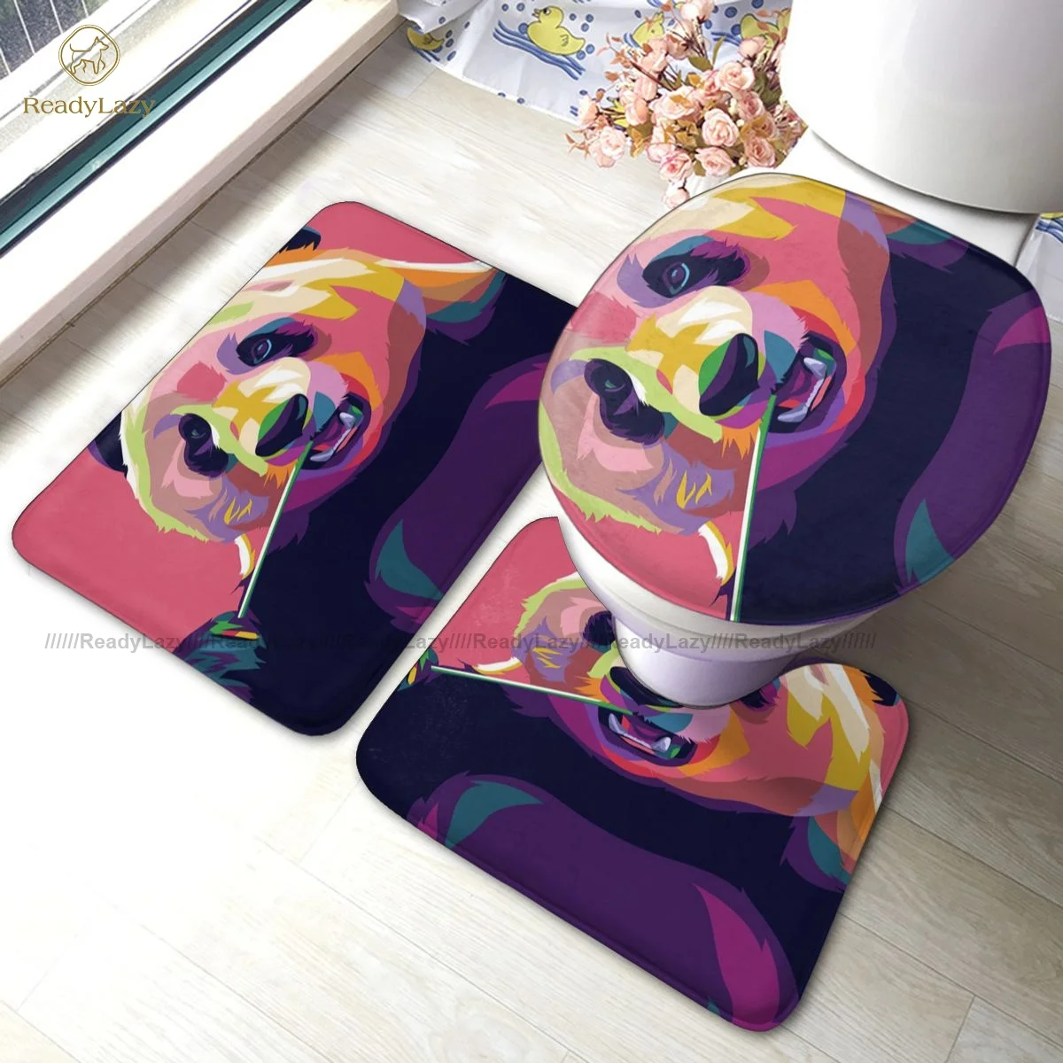 

Panda Bath Mat Vintage Polyester 3 Piece Bathroom Mat Set Toilet Absorbent Bathroom Rug
