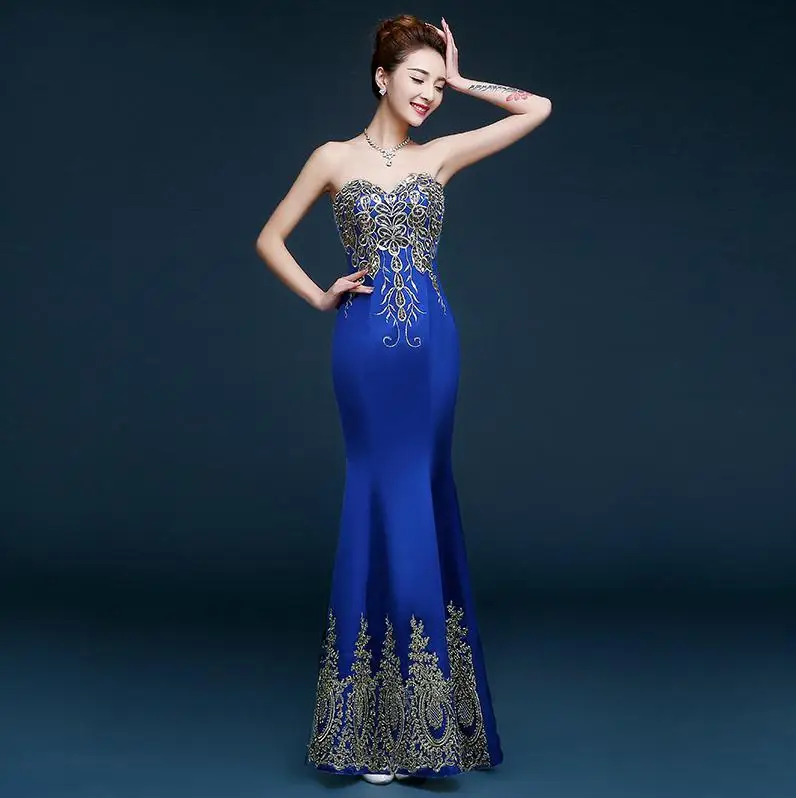 Женское вечернее платье с юбкой-годе голубое длинное прозрачной спинкой модель